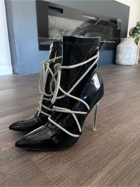 Alessi Black Patent Stiletto Ankle Boots with Silver Rope Detail